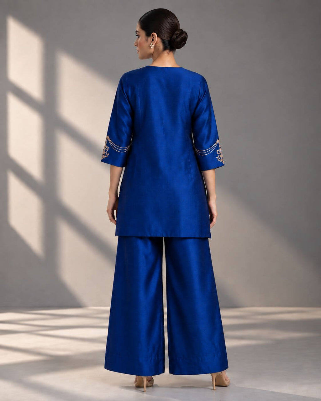  Royal blue embroidered top and wide-leg trouser co-ord set by Gehru Label