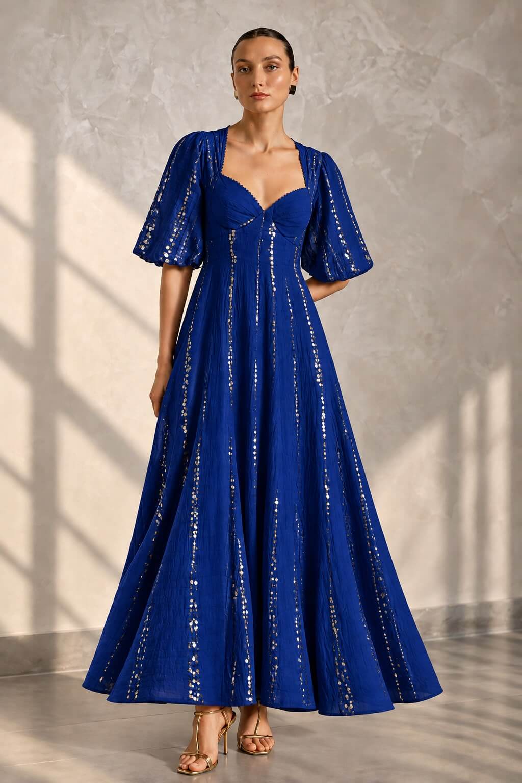 Royal blue crushed cotton slub dress with puff sleeves