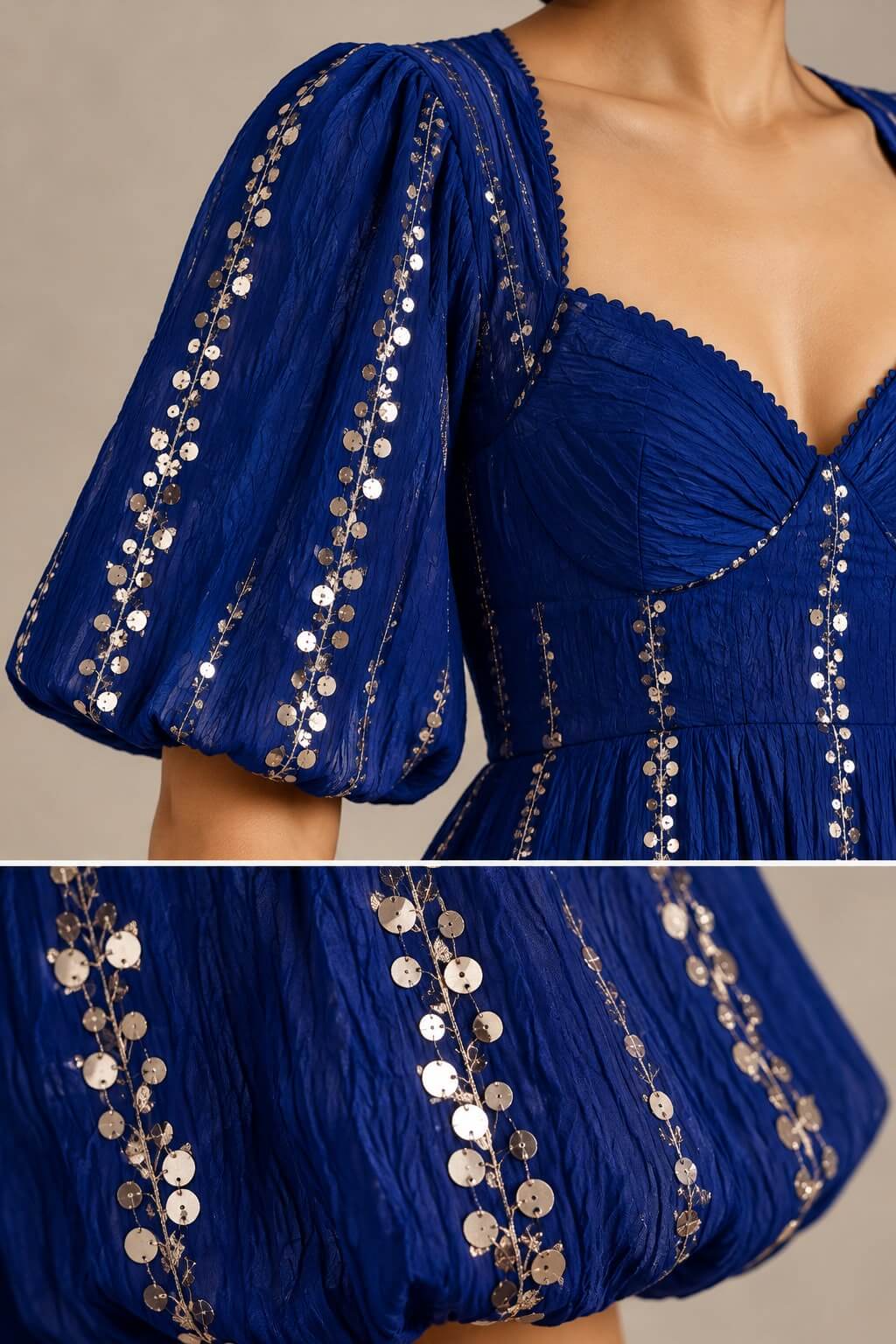 Royal blue crushed cotton maxi dress with shimmering/ sequins detailing