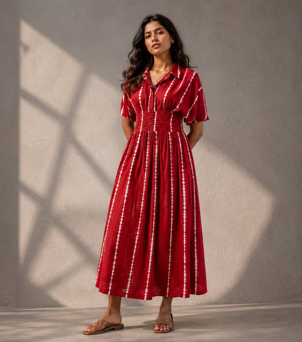 Woman wearing a handcrafted ruby red Shibori cotton midi dress with a shirt collar and smocked waist by Gehru Label.
