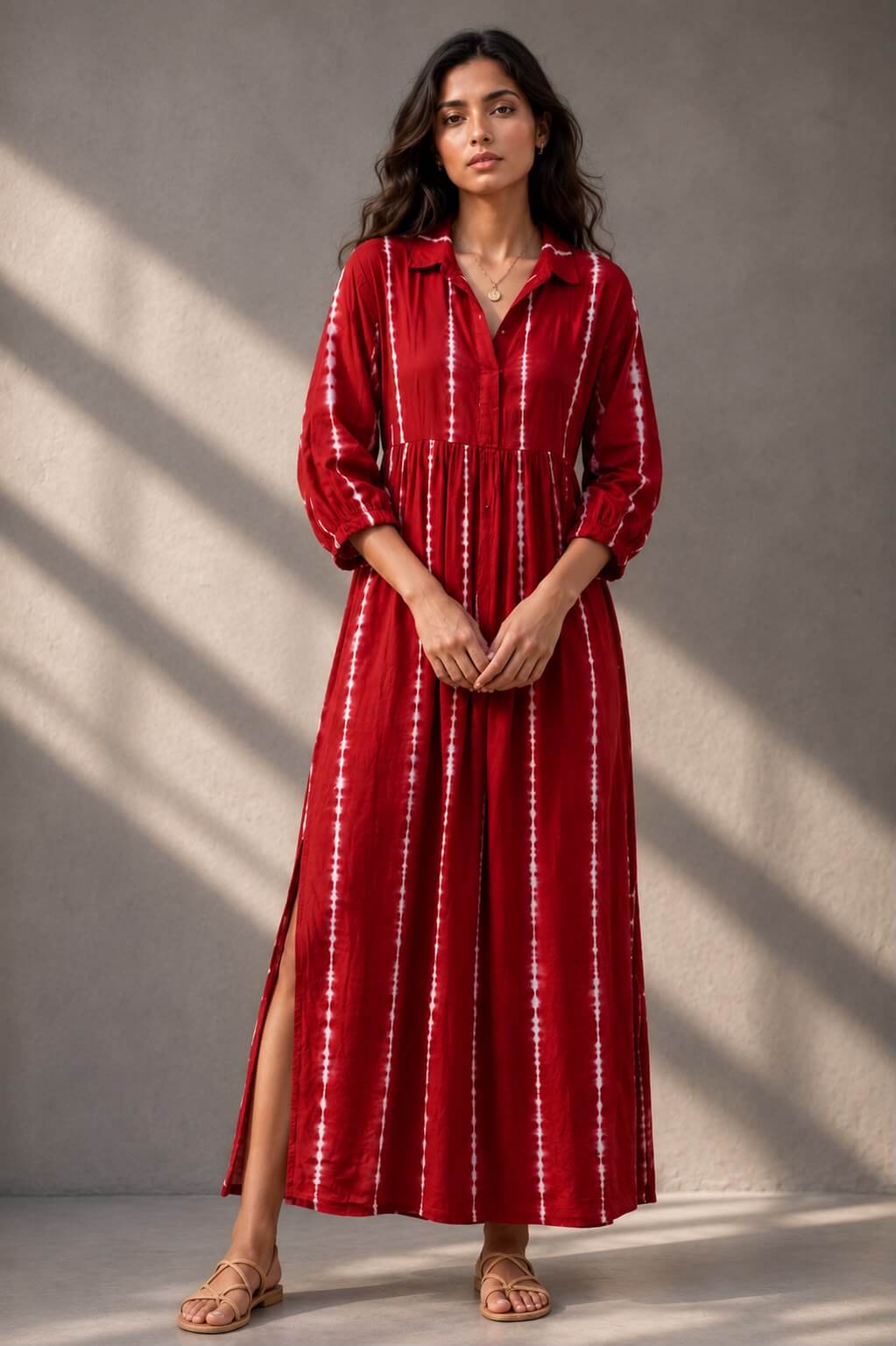 Women's red cotton shirt dress with vertical hand tie-dye pattern.