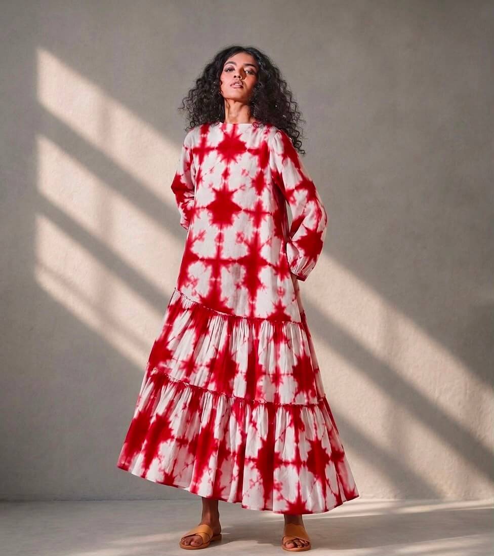Woman wearing a handcrafted red and white tie-dye tiered cotton maxi dress by Gehru Label.