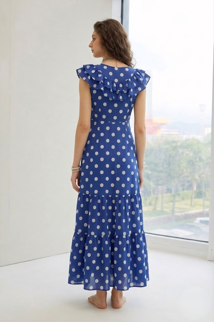 Blue tiered midi dress with white polka dots 