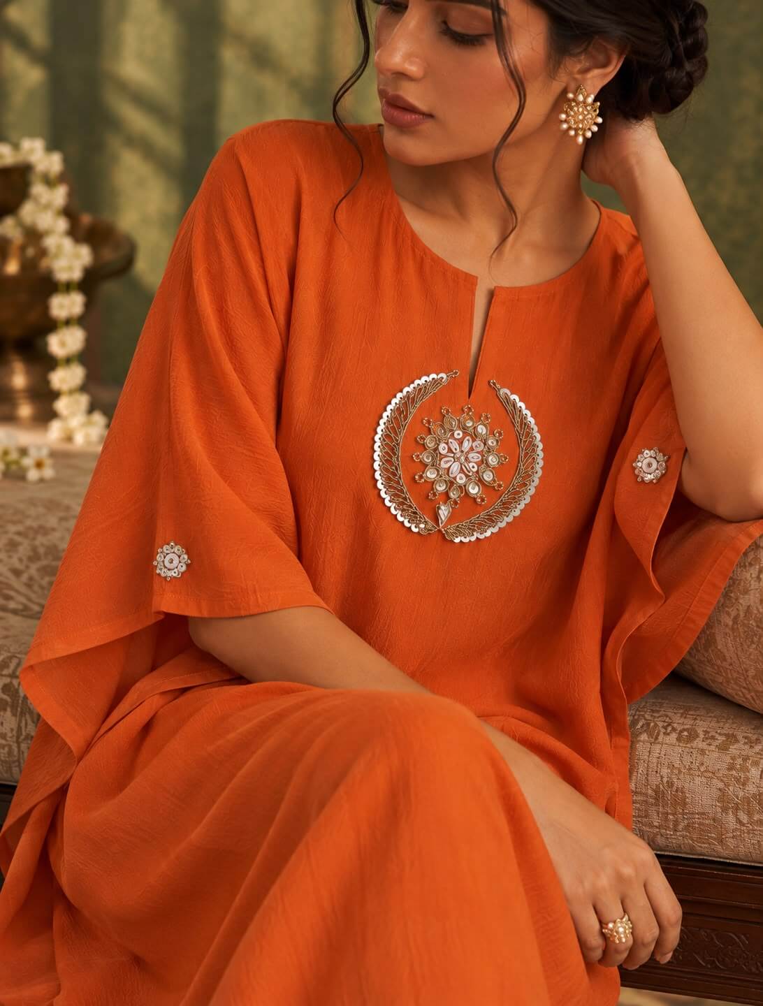Rust kaftan with statement front embellishment