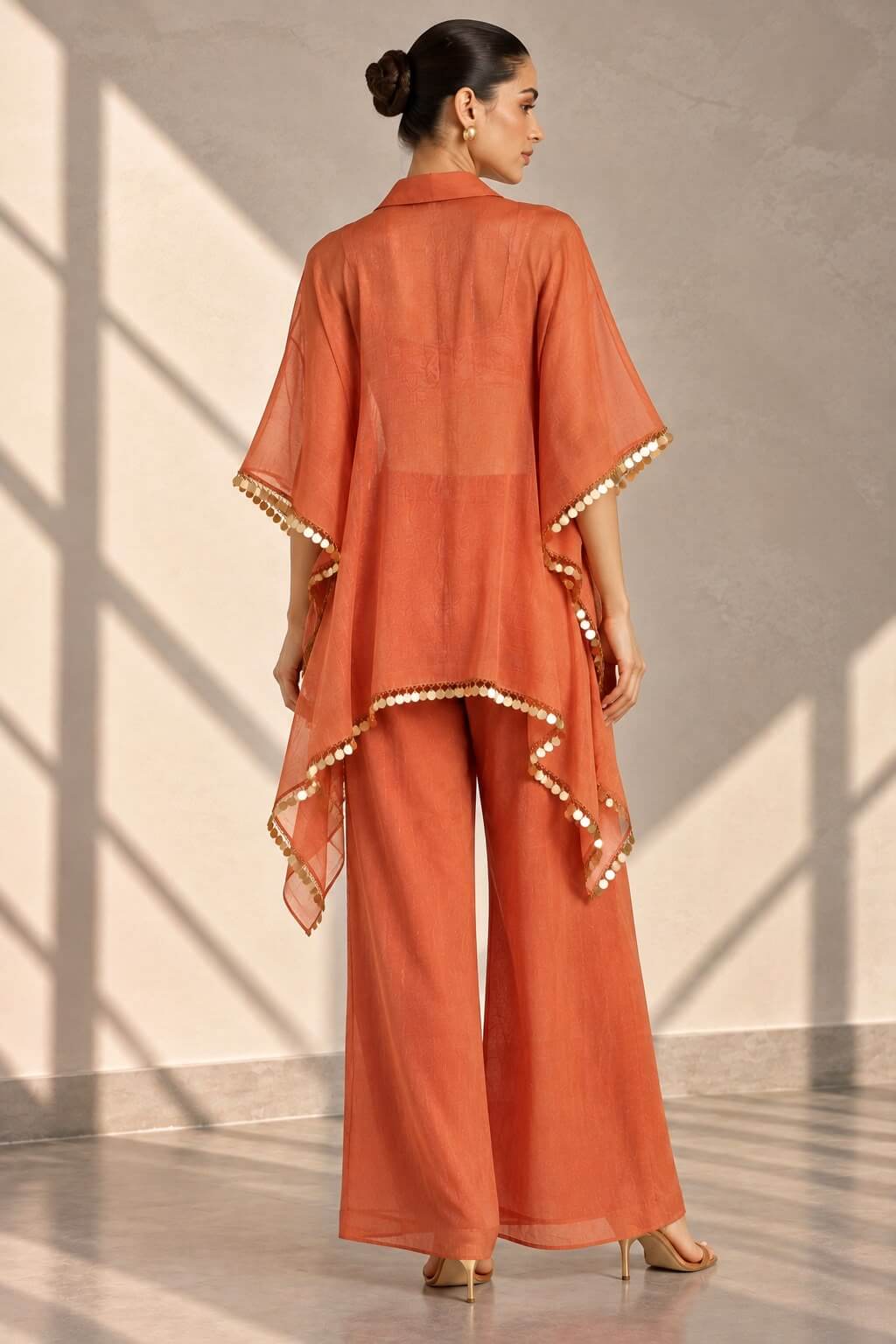 Rust orange Chanderi kaftan top with draped sleeves and sheer overlay