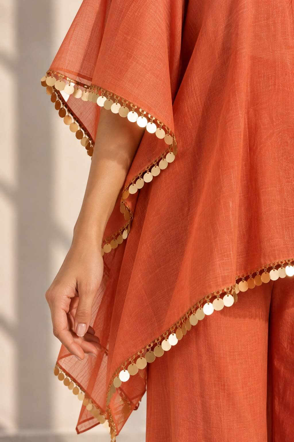 Women's rust orange Chanderi festive set with elegant border detailing