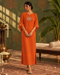 Long rust orange kaftan dress for festive wear