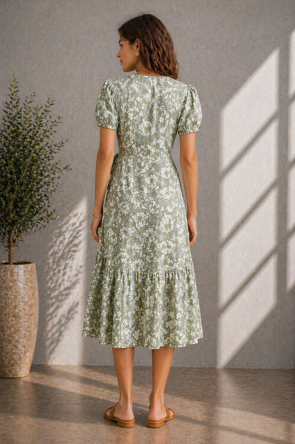 sage green floral cotton dress showing print and wrap detail