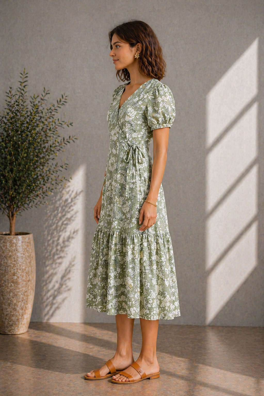 Side view of sage green floral wrap dress with puff sleeves and tiered hem