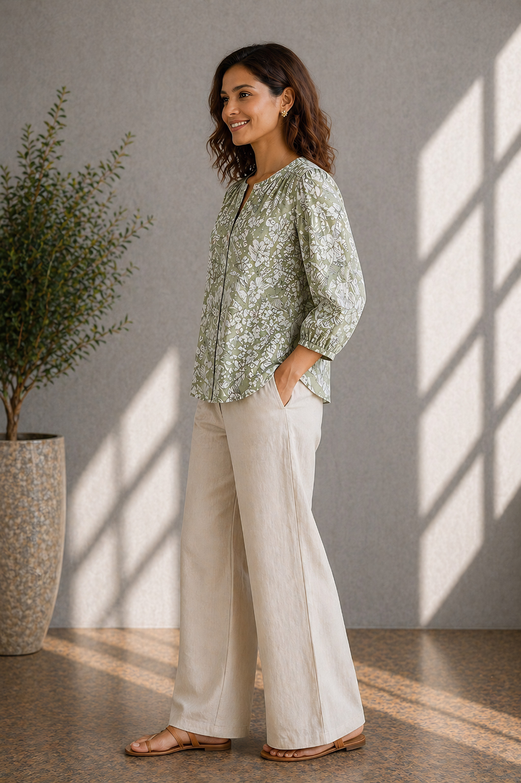 Side view of sage green floral top with puff sleeves