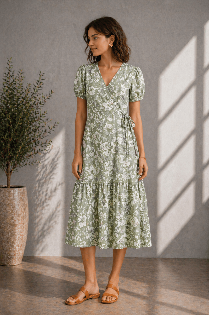 Sage Green Floral Wrap Midi Dress for Women