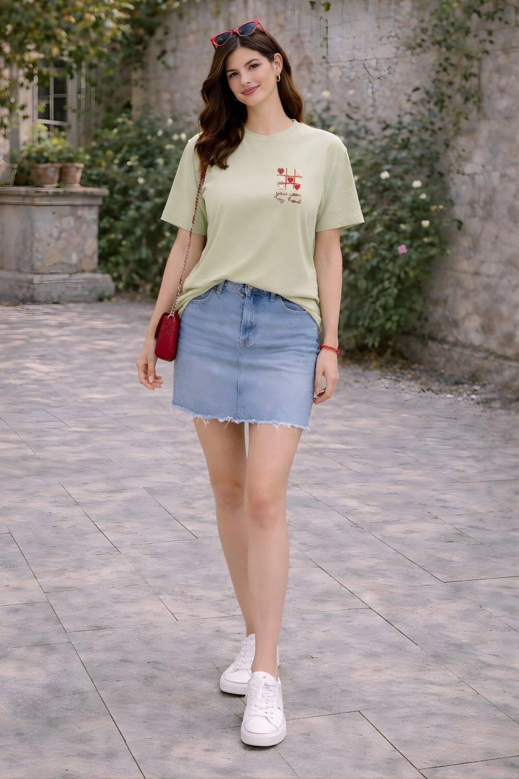 Sage green women’s T-shirt featuring heart tic tac toe embroidery with “you won my heart” text.