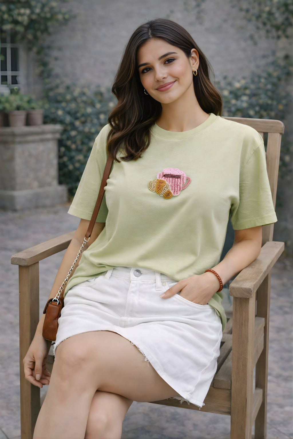 Sage green cotton T-shirt with coffee  and croissant handcrafted embellishment detail on the front.