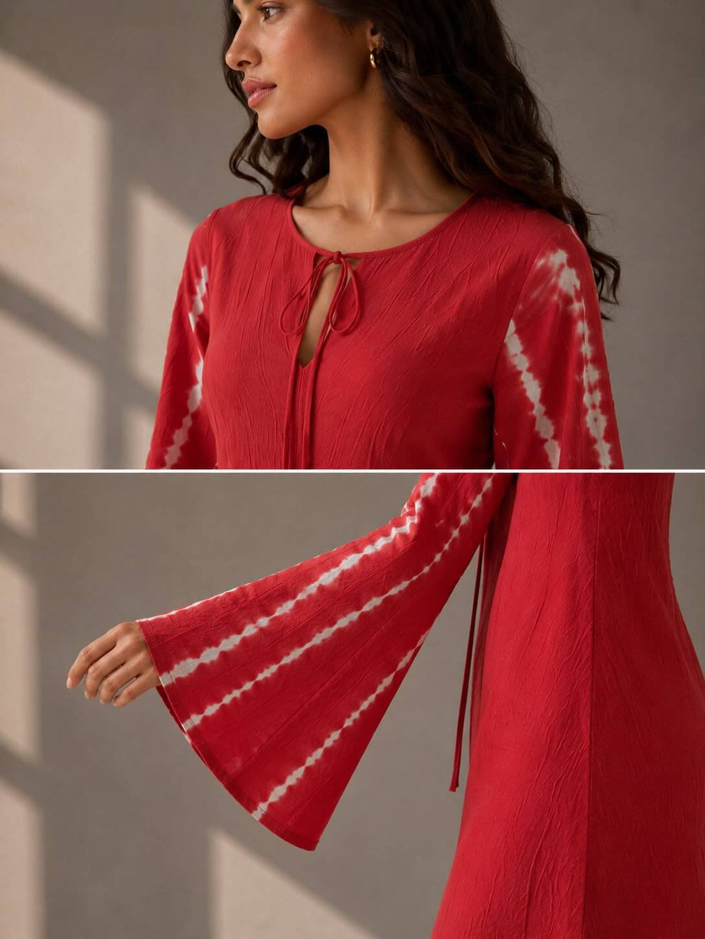 Women's red cotton dress with flared sleeves and relaxed silhouette.