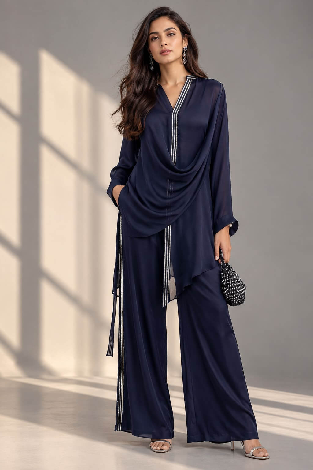 Woman wearing a navy georgette co-ord outfit with a draped asymmetrical top, silver gotta lace and matching wide-leg trousers against a grey studio background.