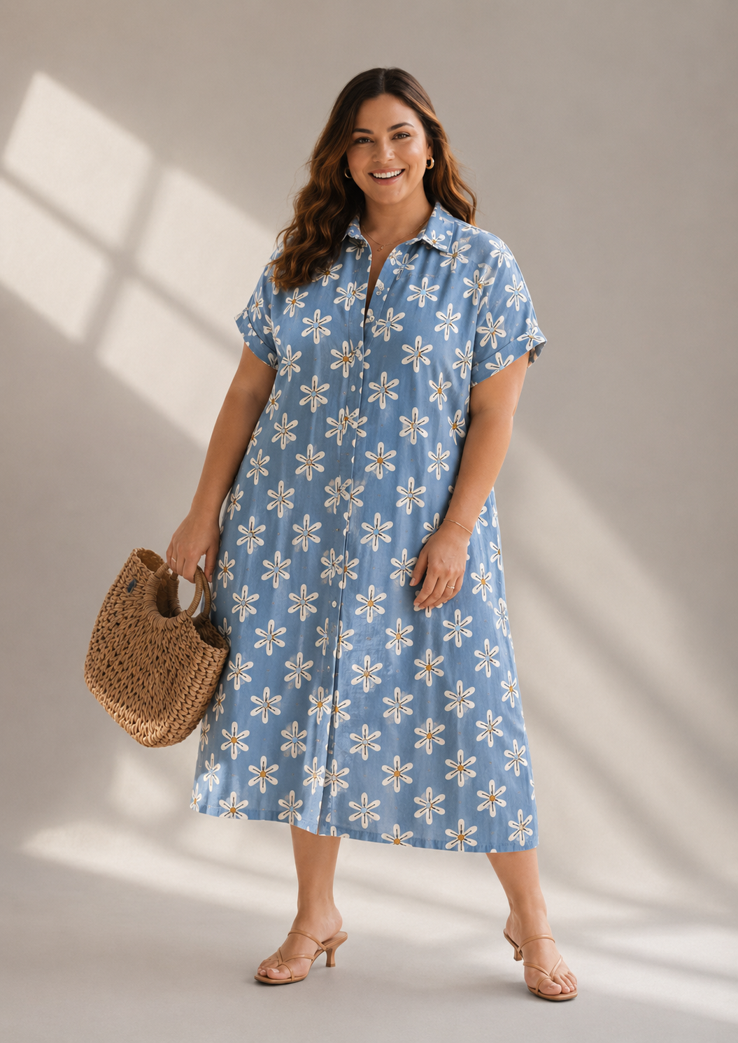 sky blue floral cotton shirt dress for women