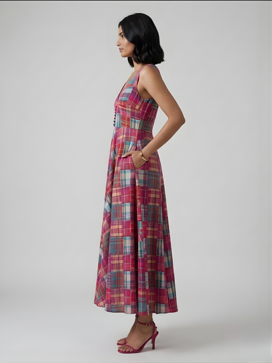 Sleeveless multicolor patchwork maxi dress with fitted waist and flowy skirt