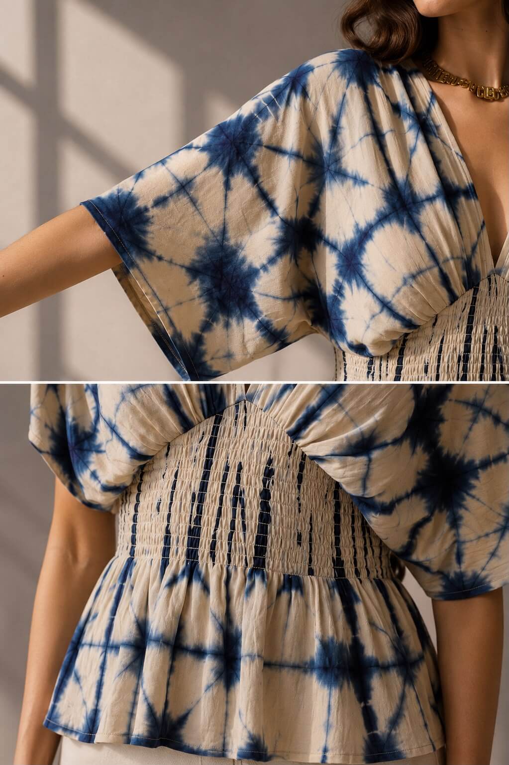 Indigo shibori-inspired peplum top with gathered front detail.