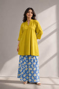 Sunflower Sky cotton co-ord set featuring a mustard oversized tunic with sky blue daisy print palazzo pants for women.
