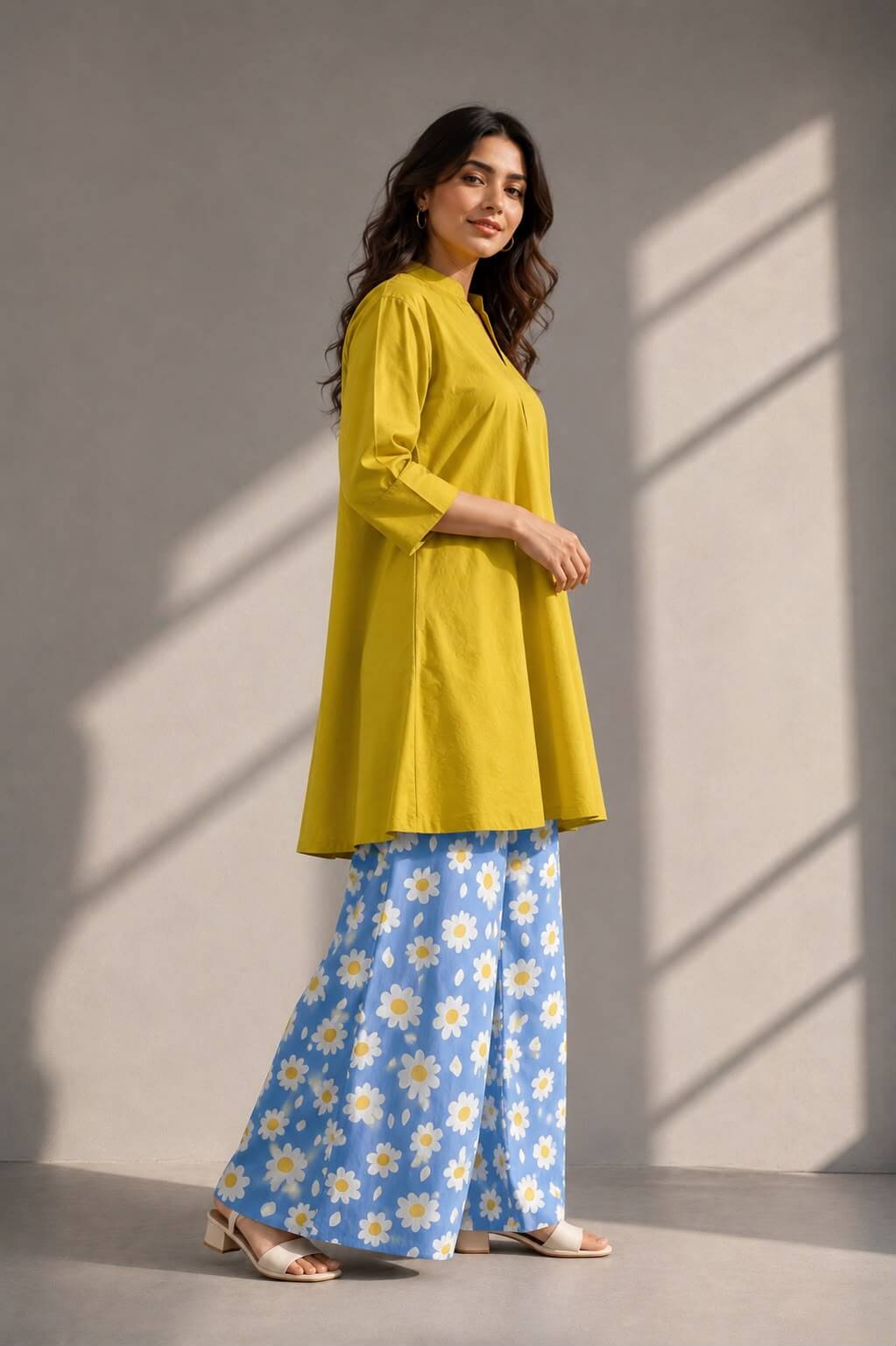 Side profile of Sunflower Sky women’s cotton co-ord set with oversized mustard tunic and blue floral palazzo.