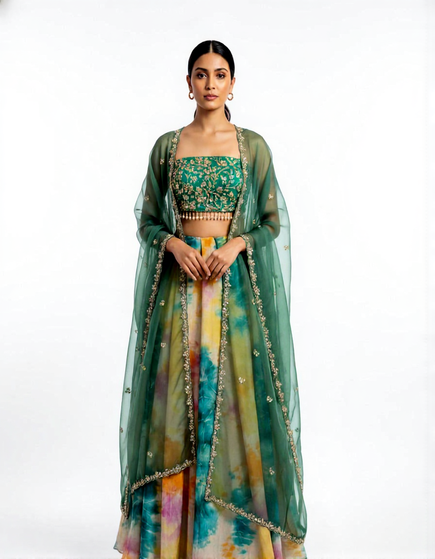 Woman wearing a traditional outfit with a colorful dupatta on a white background