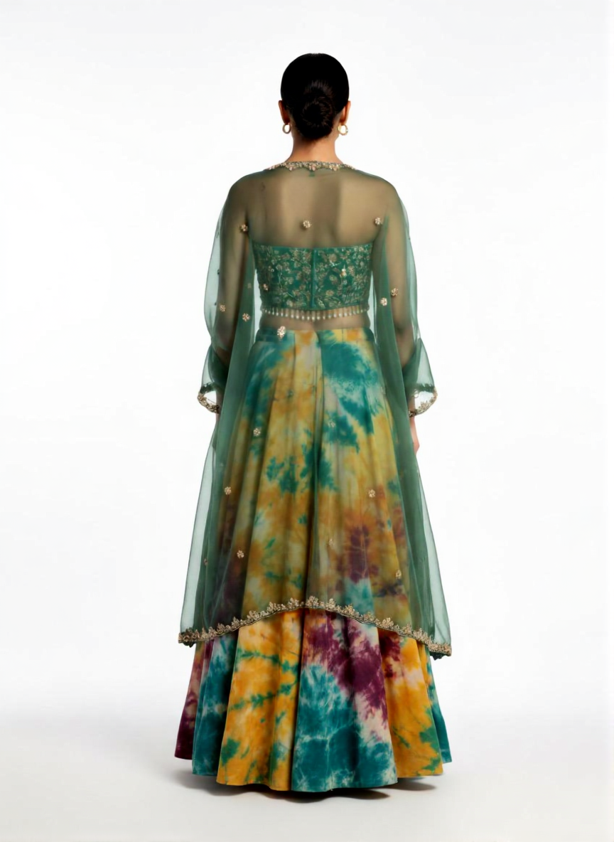 Multicolored dress with a sheer top and tie-dye skirt on a white background
