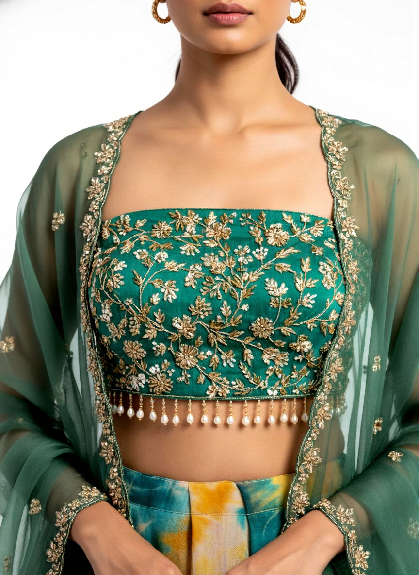Woman wearing a green embroidered blouse with a matching dupatta on a white background