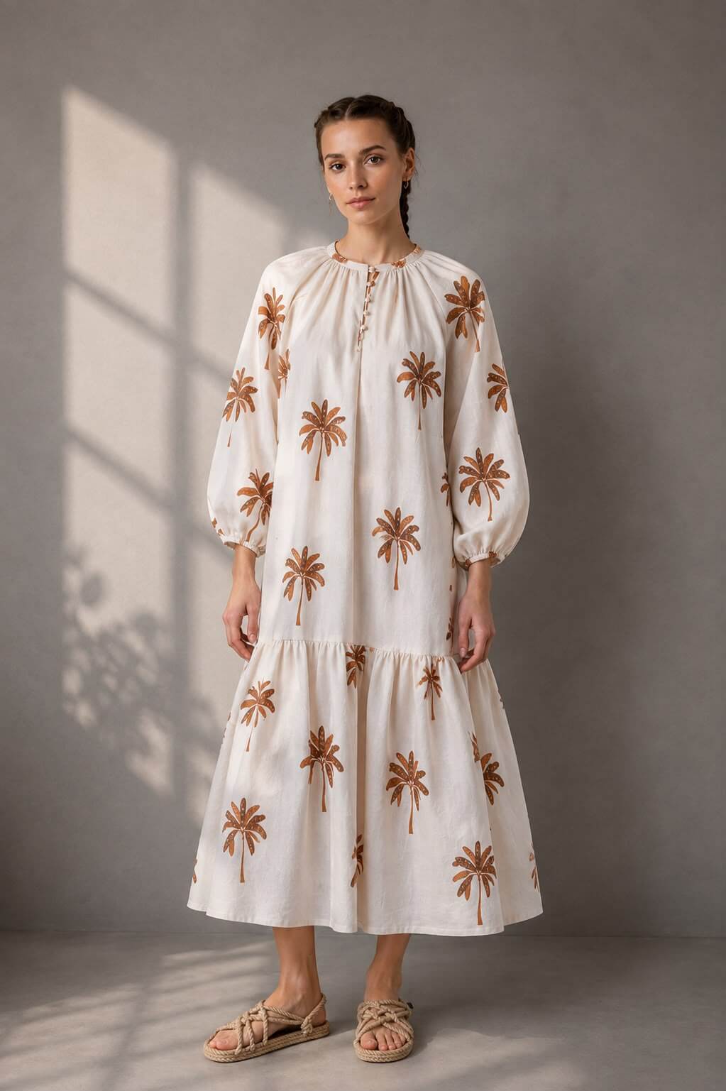 Woman wearing an ivory cotton dress with brown palm tree print and balloon sleeves.