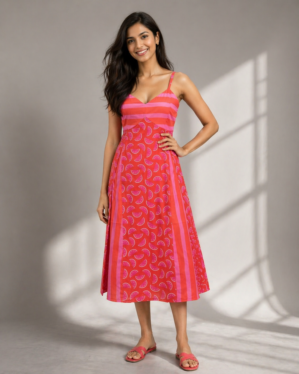 Woman wearing pink watermelon print strappy midi dress front view