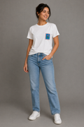 White cotton t-shirt with beaded floral embroidery patch
