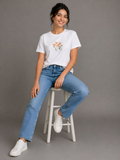 White floral cotton t-shirt with small embroidered flowers