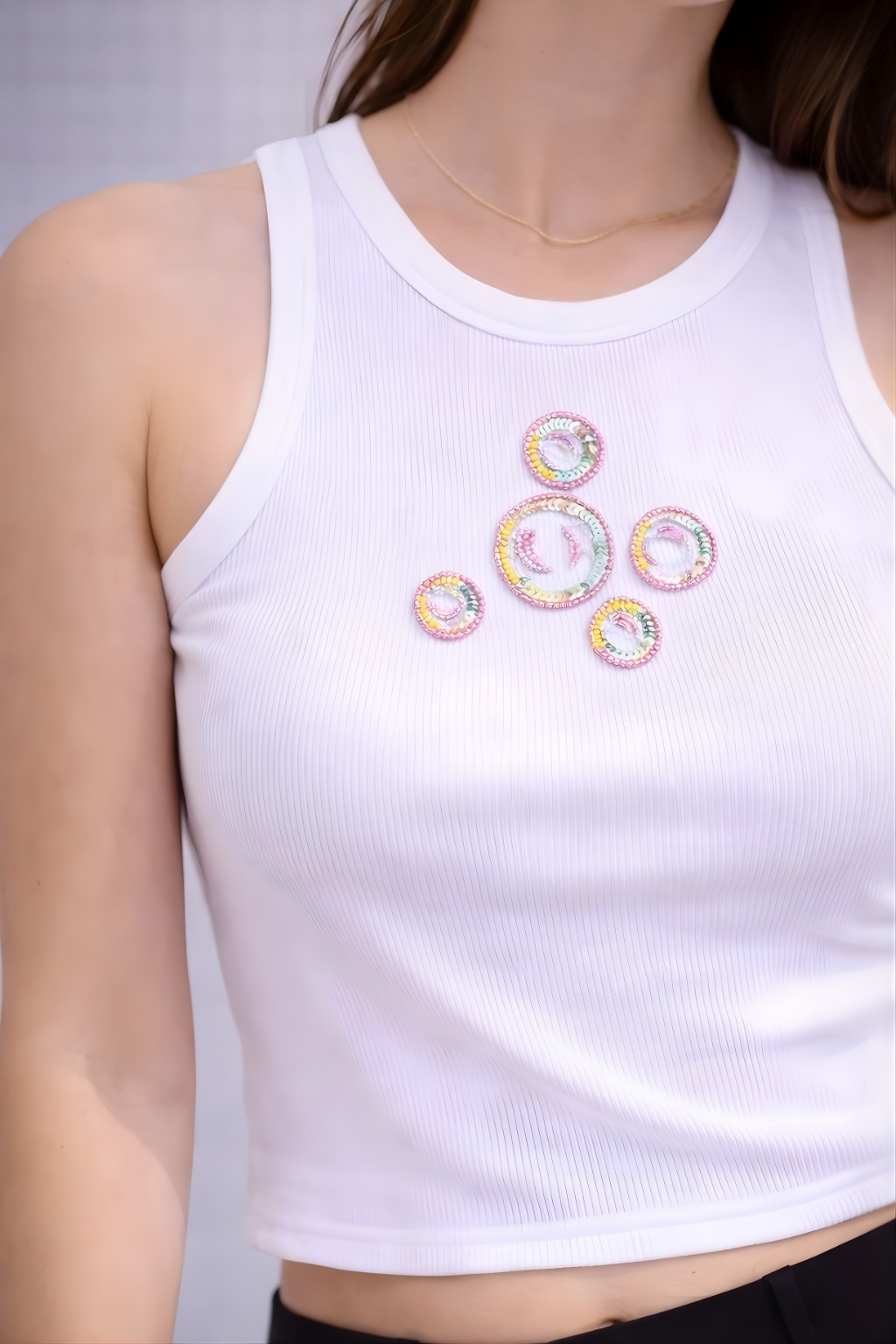 White tank top with pastel beaded coin embellishments for women