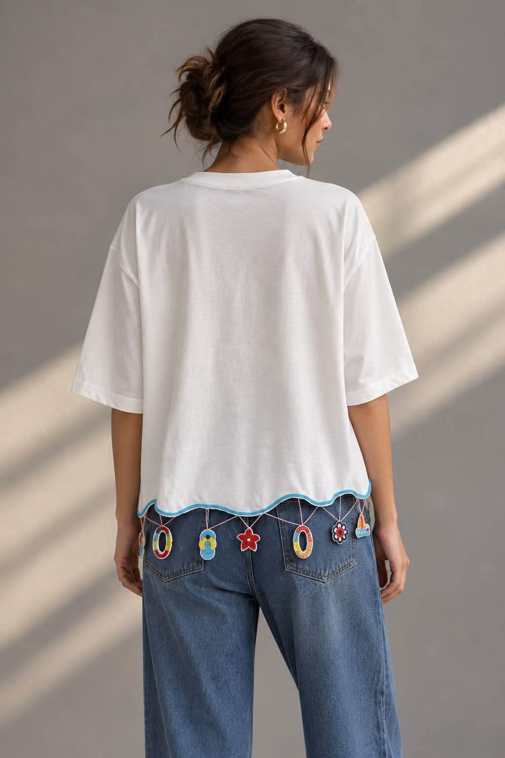 White relaxed fit T-shirt with colourful embellishment details