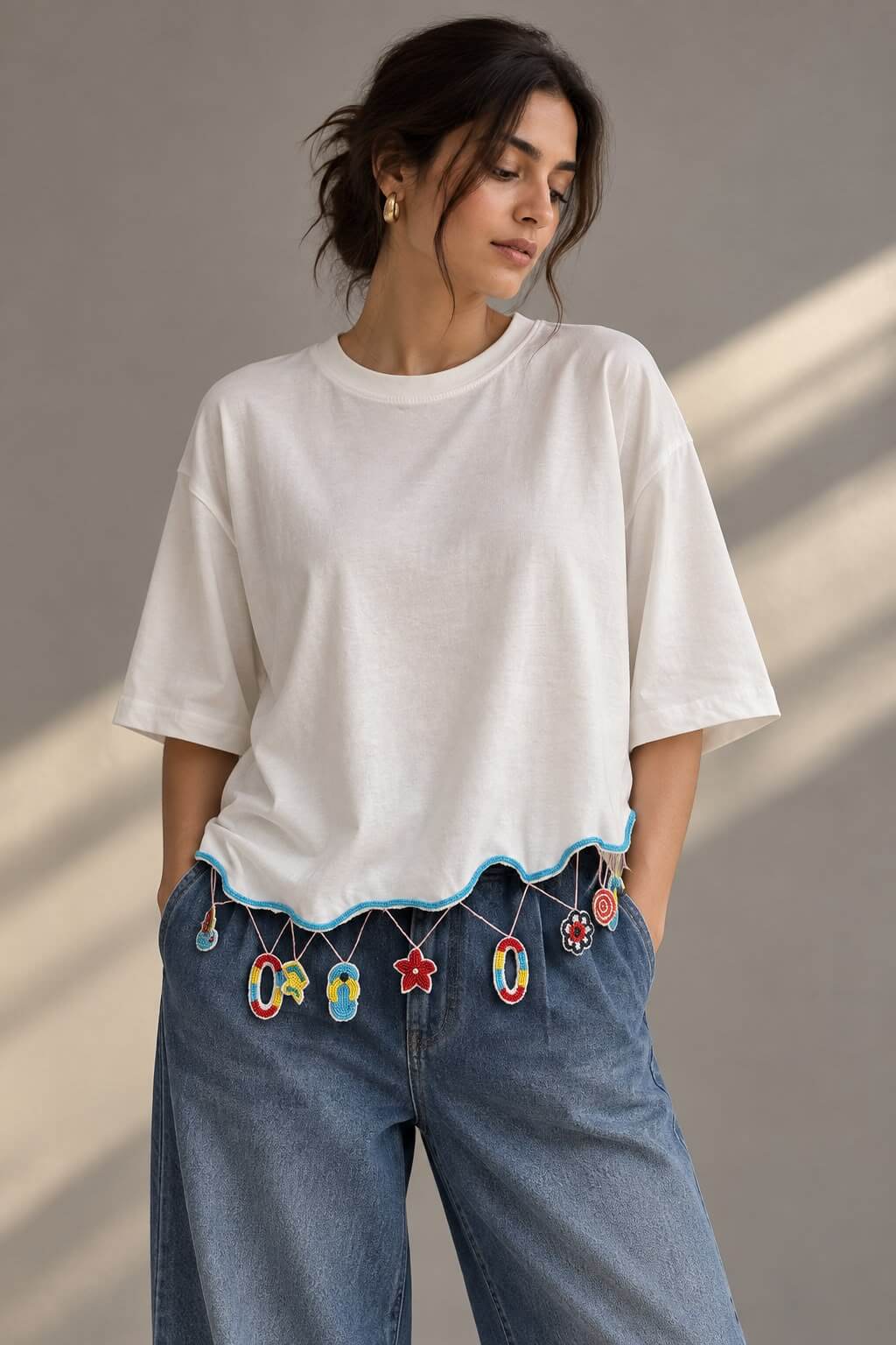 White embellished T-shirt for women with scalloped hem