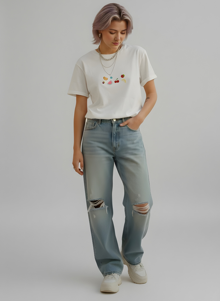 Casual white women’s T-shirt with hand embroidery design