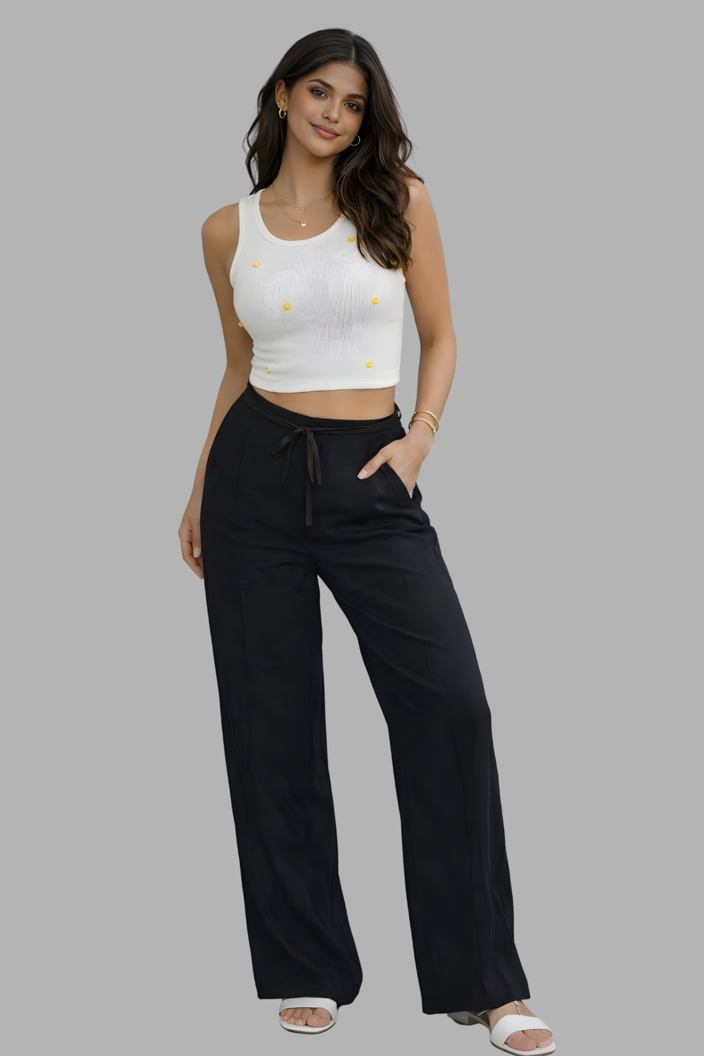 Women’s sleeveless crop top with yellow flower detailing