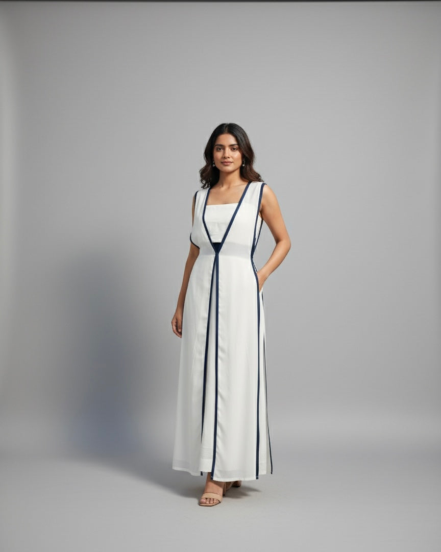 Woman wearing a white dress with black accents on a gray background