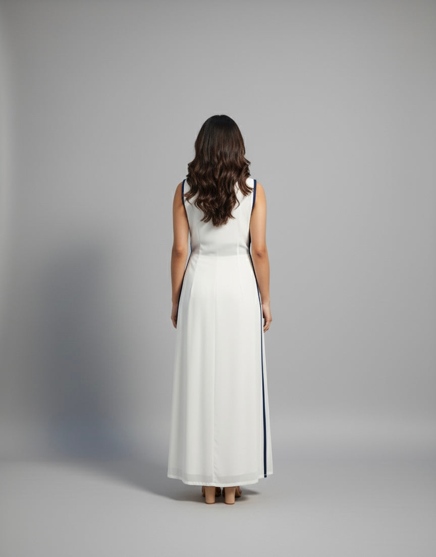 Woman wearing a white dress with a gray background