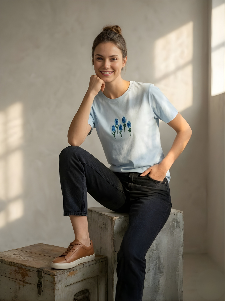 Sky blue floral embroidered cotton t-shirt for women casual summer outfit