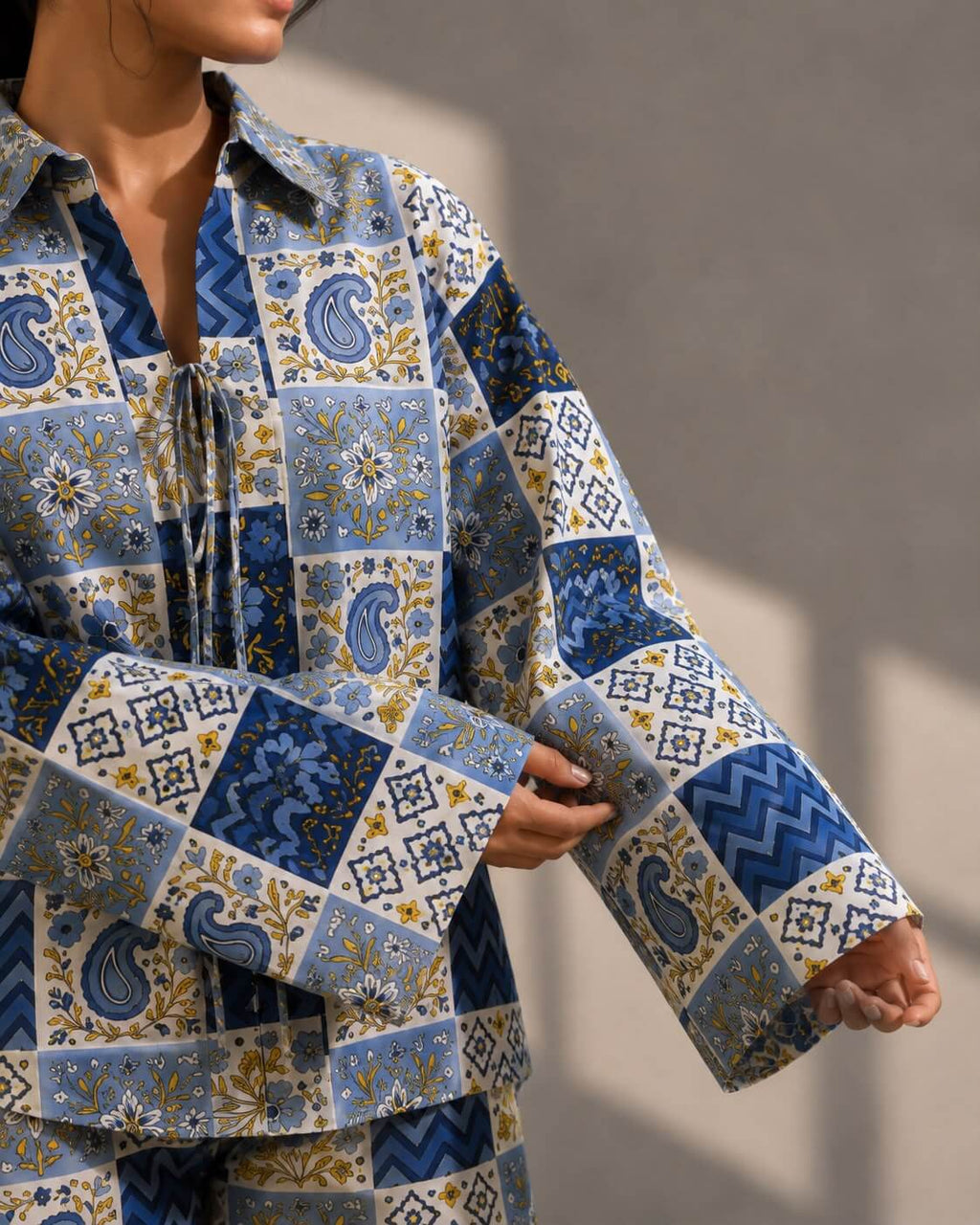 Blue multi-print co-ord set for summer vacation wear