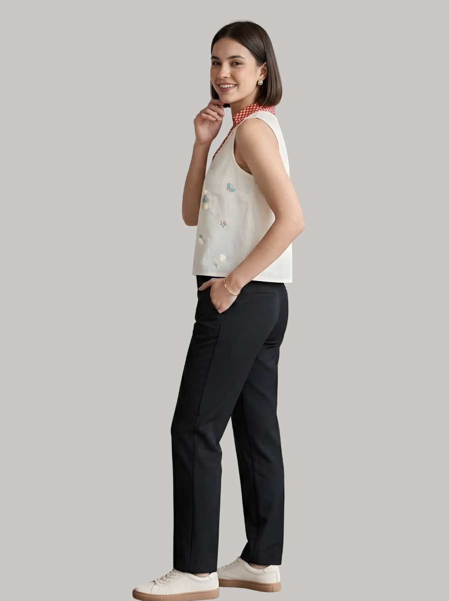 Women's cotton top with pearl embellishment and red check collar