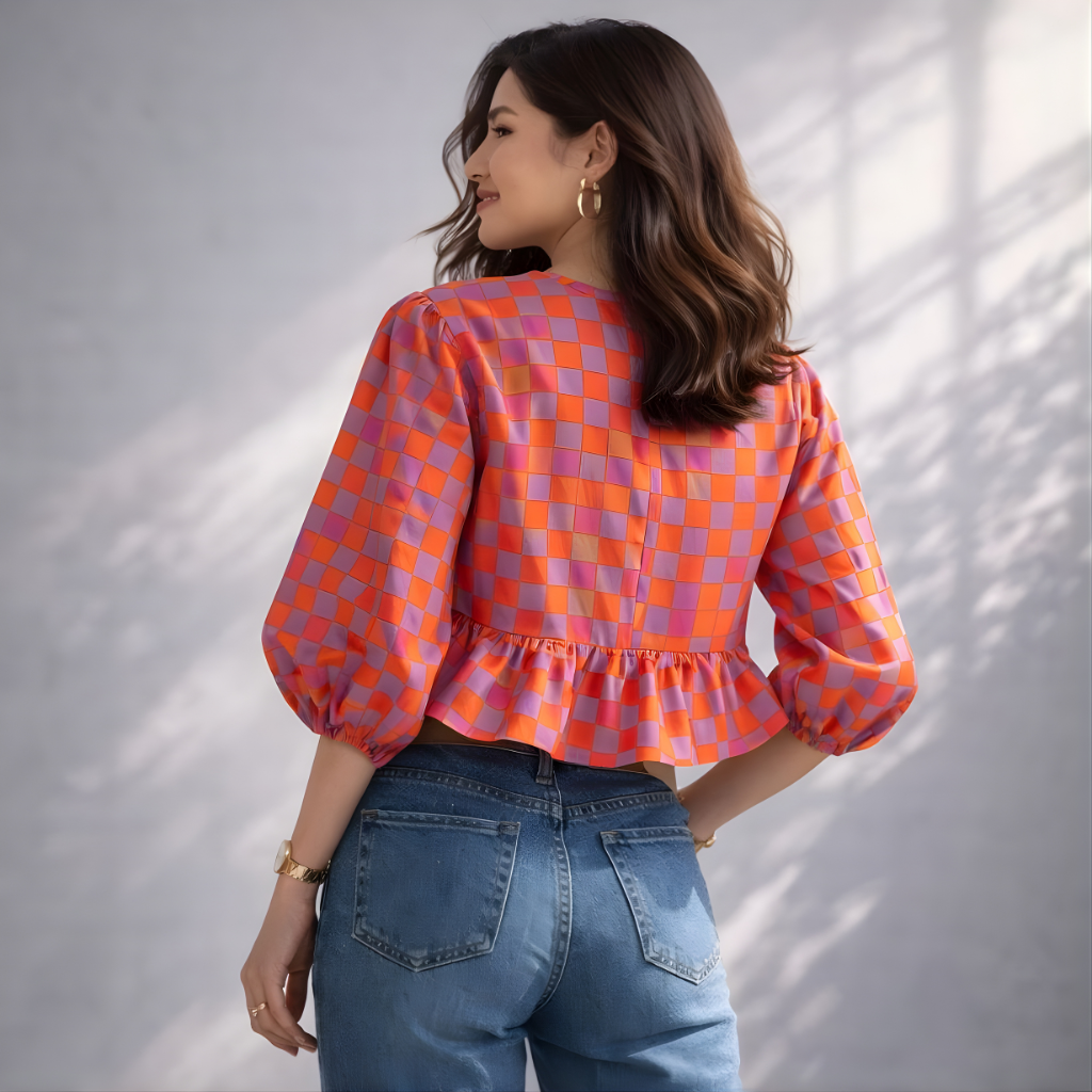 Casual chic look with orange tie-front peplum top for women