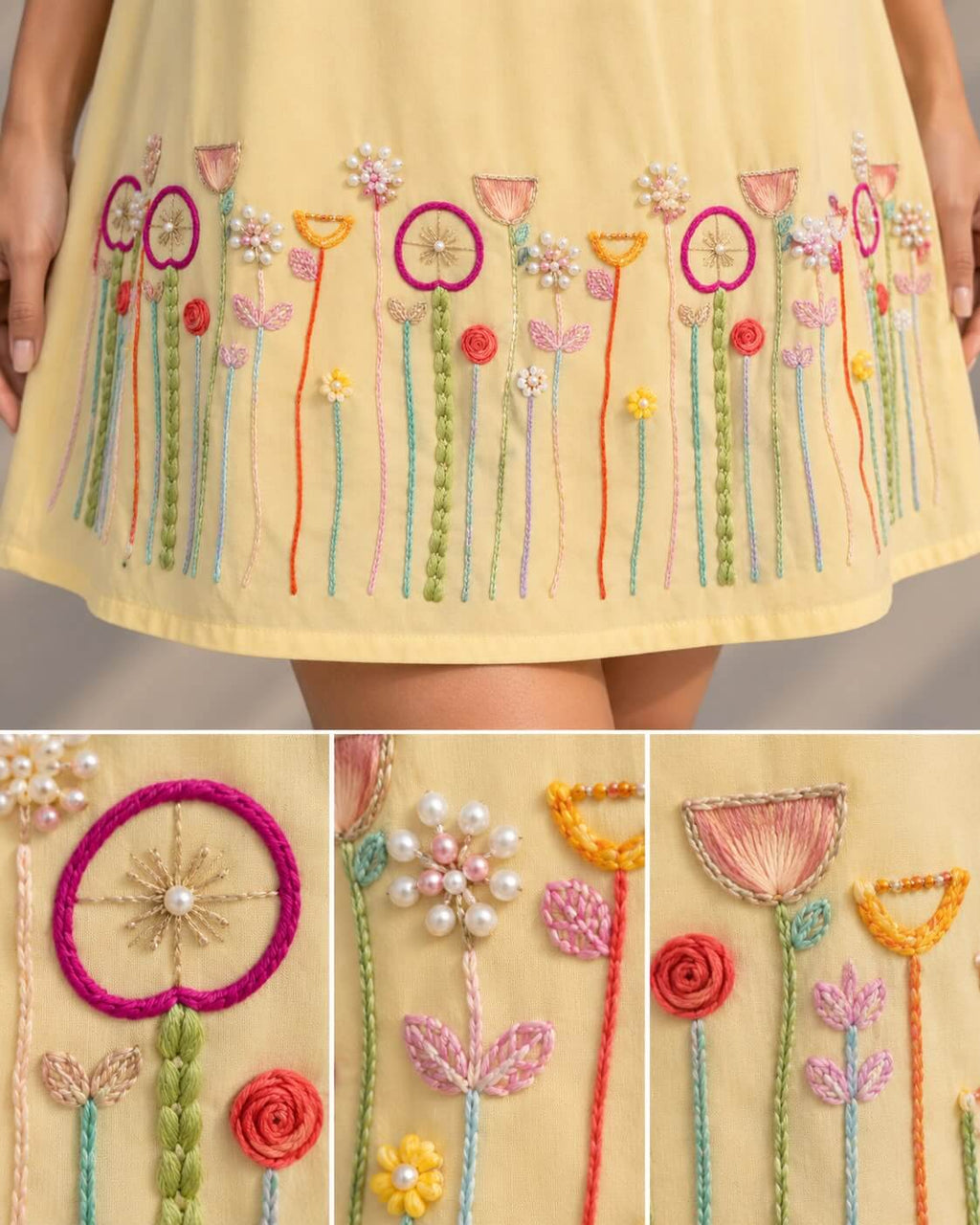 Women's yellow sleeveless dress with colourful floral embroidery
