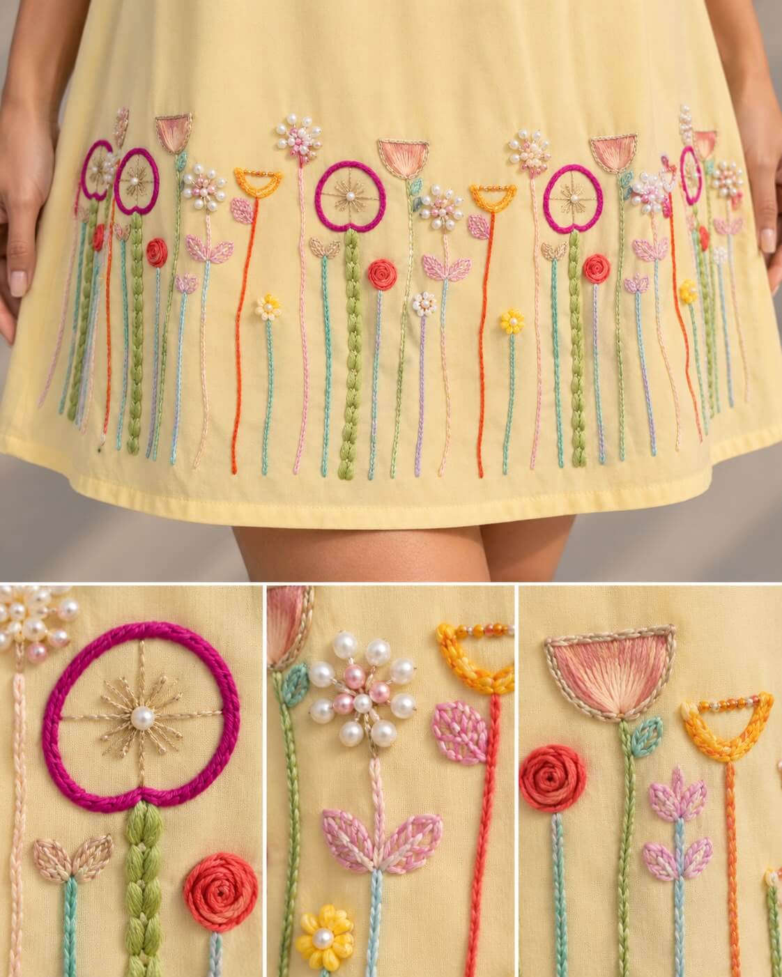 Women's yellow sleeveless dress with colourful floral embroidery
