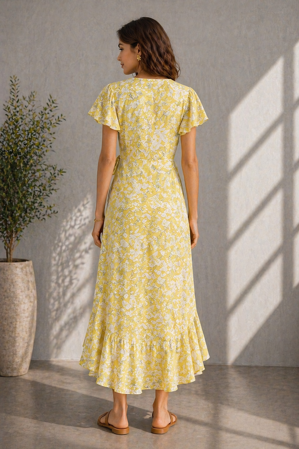 Close-up of yellow floral print wrap dress showing fabric and wrap detail