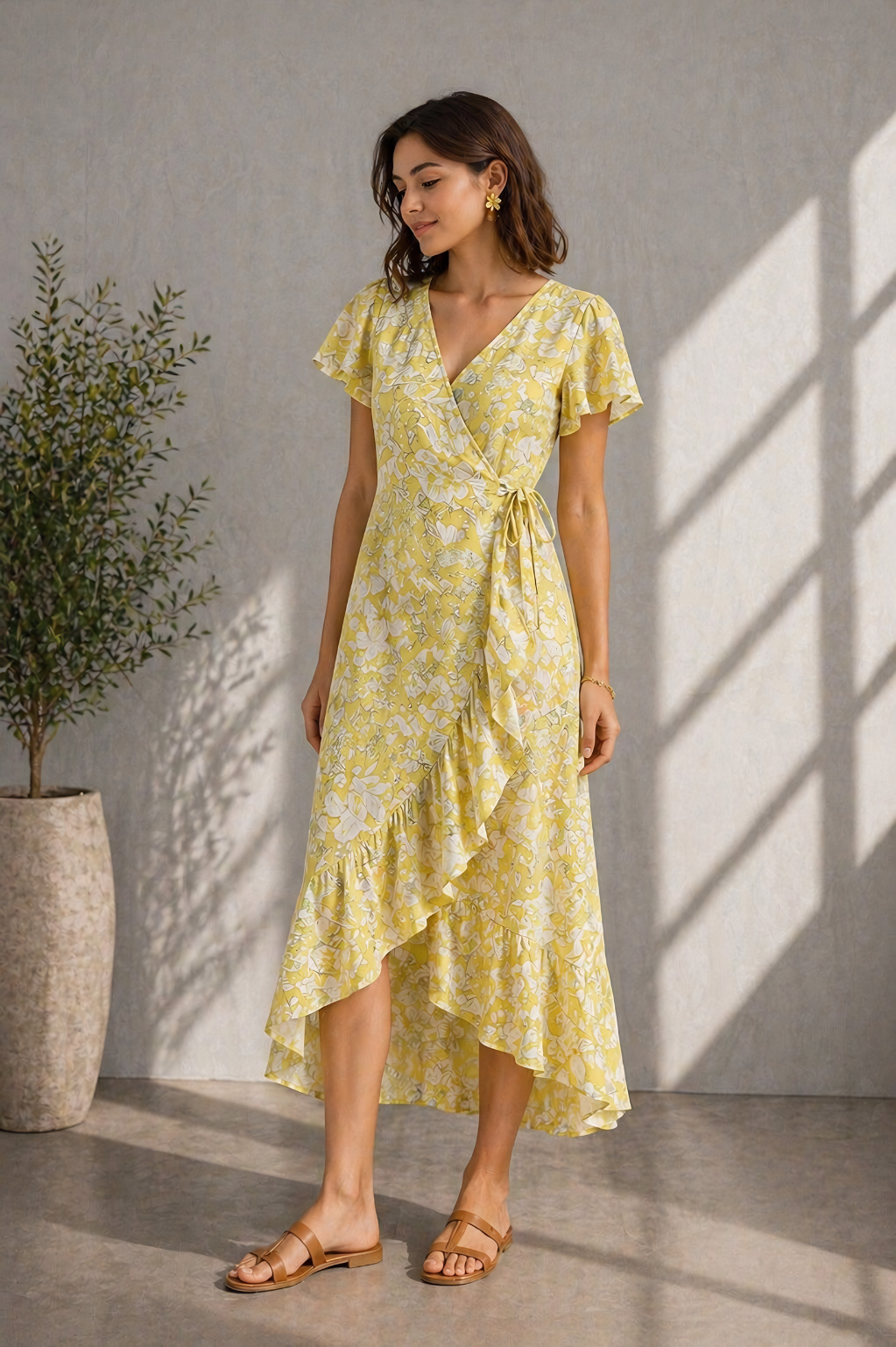 Yellow Floral Wrap Midi Dress for Women | Summer Wrap Dress Gehru Label Yellow Floral Wrap Midi Dress for Women | Summer Wrap Dress Gehru Label