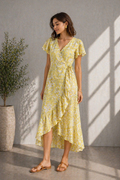 Yellow floral wrap midi dress with flutter sleeves and ruffled hem for women