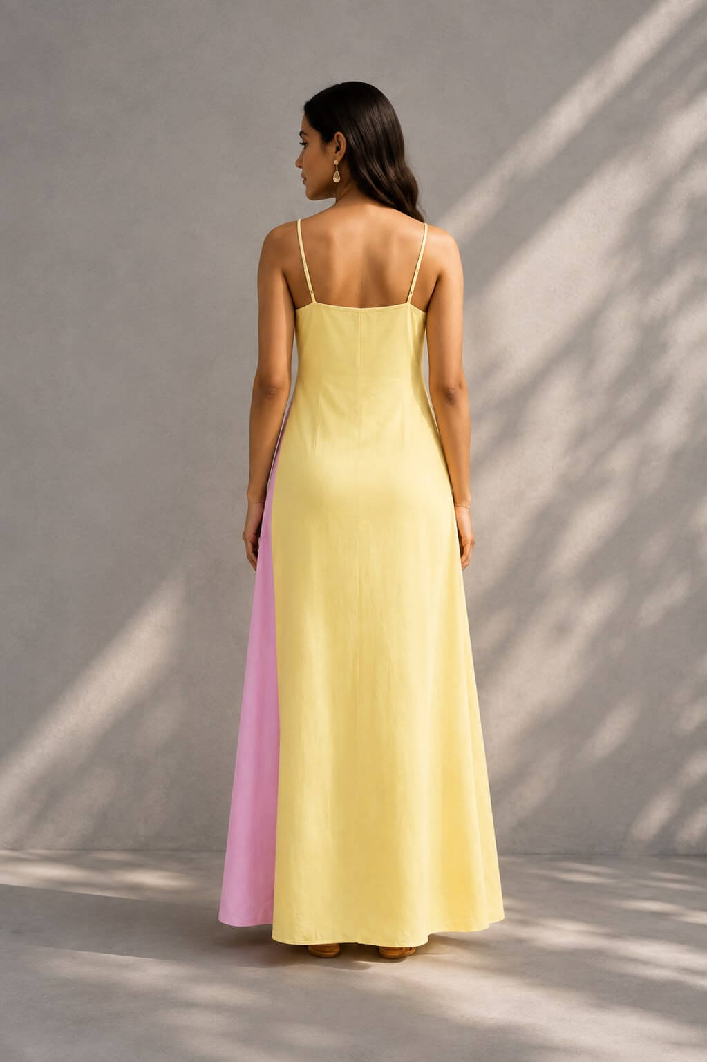 Pastel yellow and pink spaghetti strap maxi dress for women