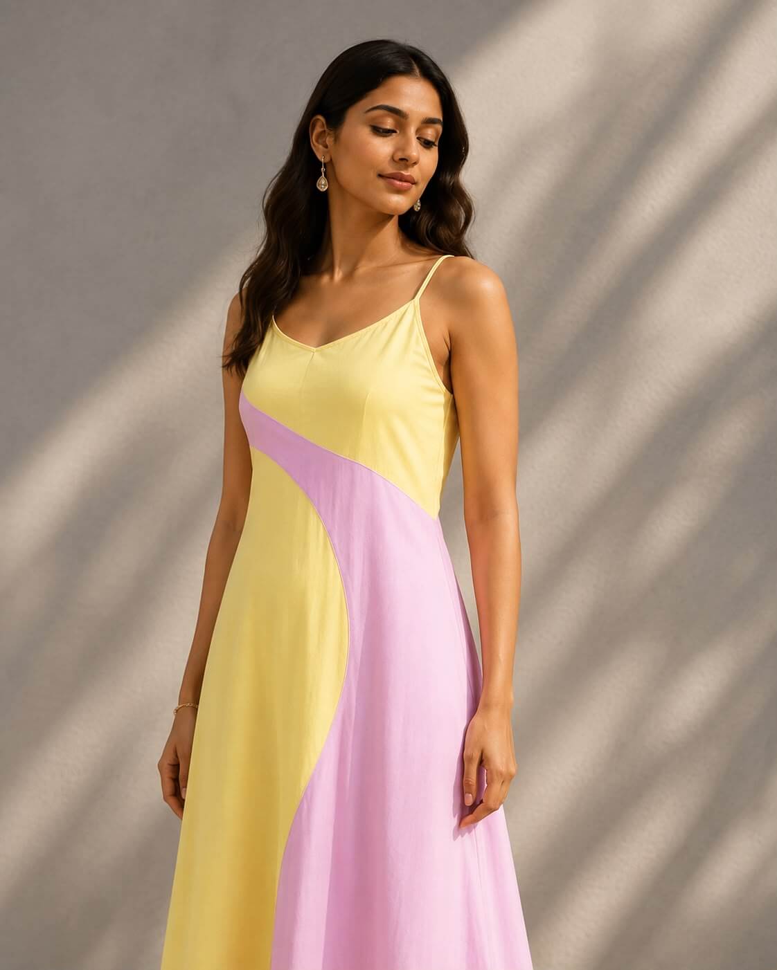 Natural crepe yellow pink maxi dress for summer vacations