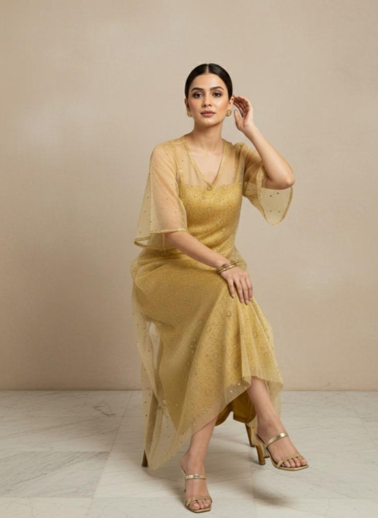 Woman wearing a yellow dress against a beige background